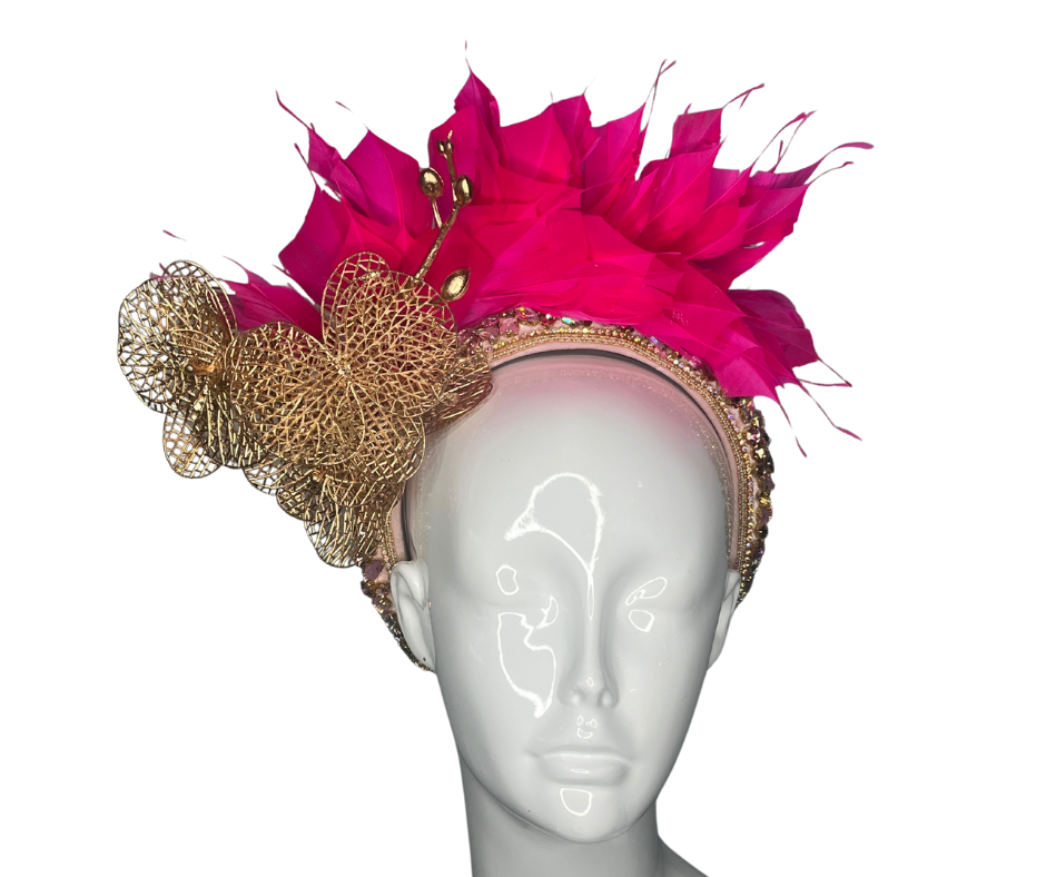 Luxus Rosa Feder und Gold Orchidee Fascinator Kopfstück