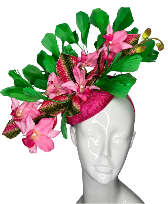 Tropical Rosa Orchideen Fascinator Vibrant Grün & Blumen Statement Stück