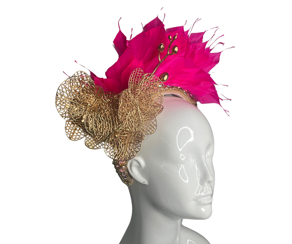 Luxus Rosa Feder und Gold Orchidee Fascinator Kopfstück