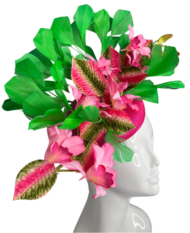 Tropical Rosa Orchideen Fascinator Vibrant Grün & Blumen Statement Stück