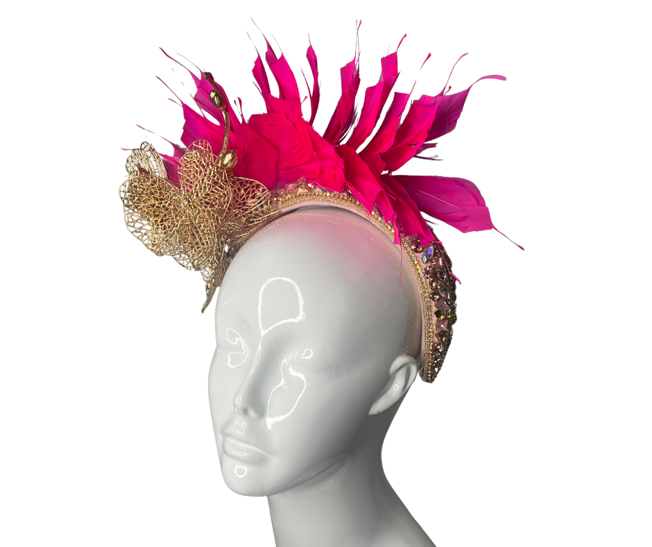 Luxus Rosa Feder und Gold Orchidee Fascinator Kopfstück