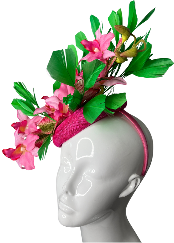 Tropical Rosa Orchideen Fascinator Vibrant Grün & Blumen Statement Stück