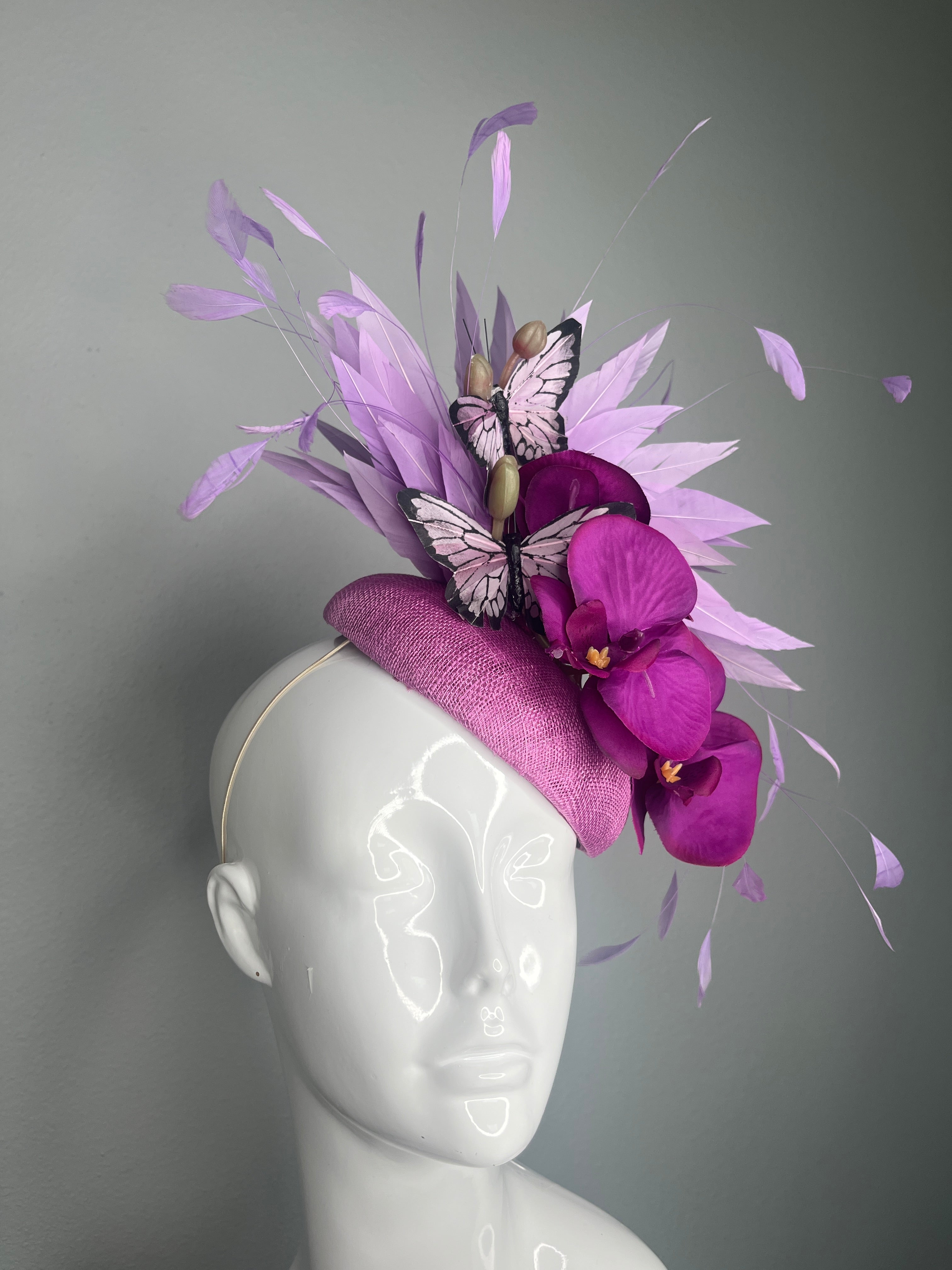Lavendel Orchidee Purple Schmetterling Fascinator Couture Kentucky Derby Royal Ascot Hat