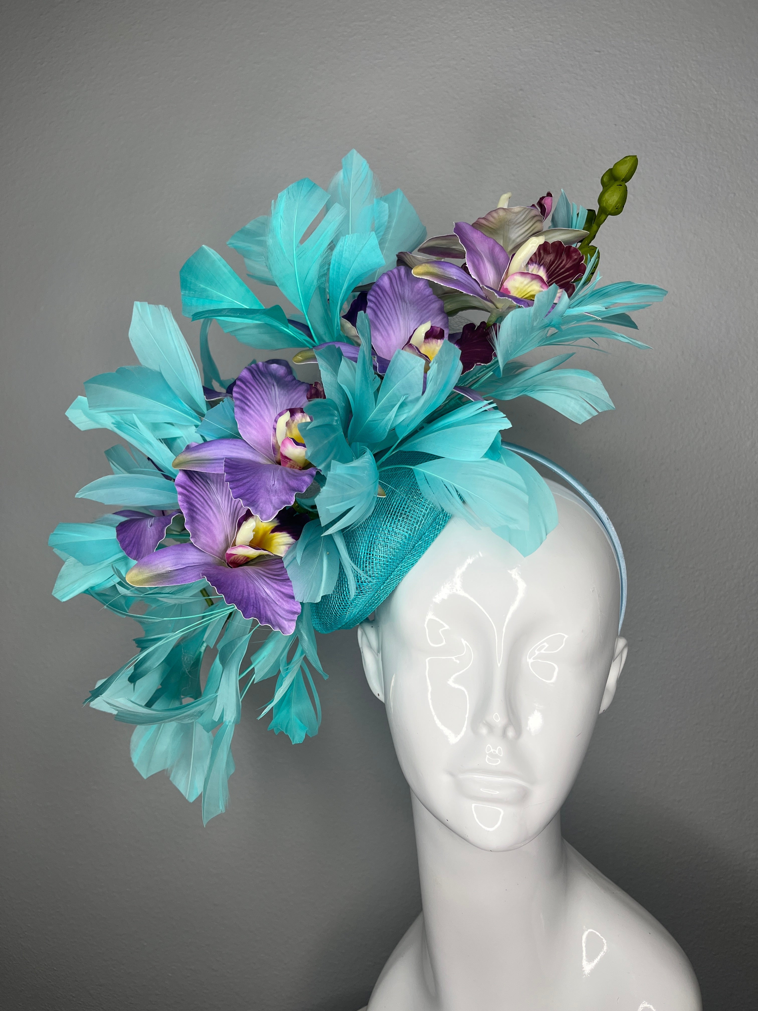 Türkis & Purple Orchideen Couture Faszinator mit gefiederten Blumendetail