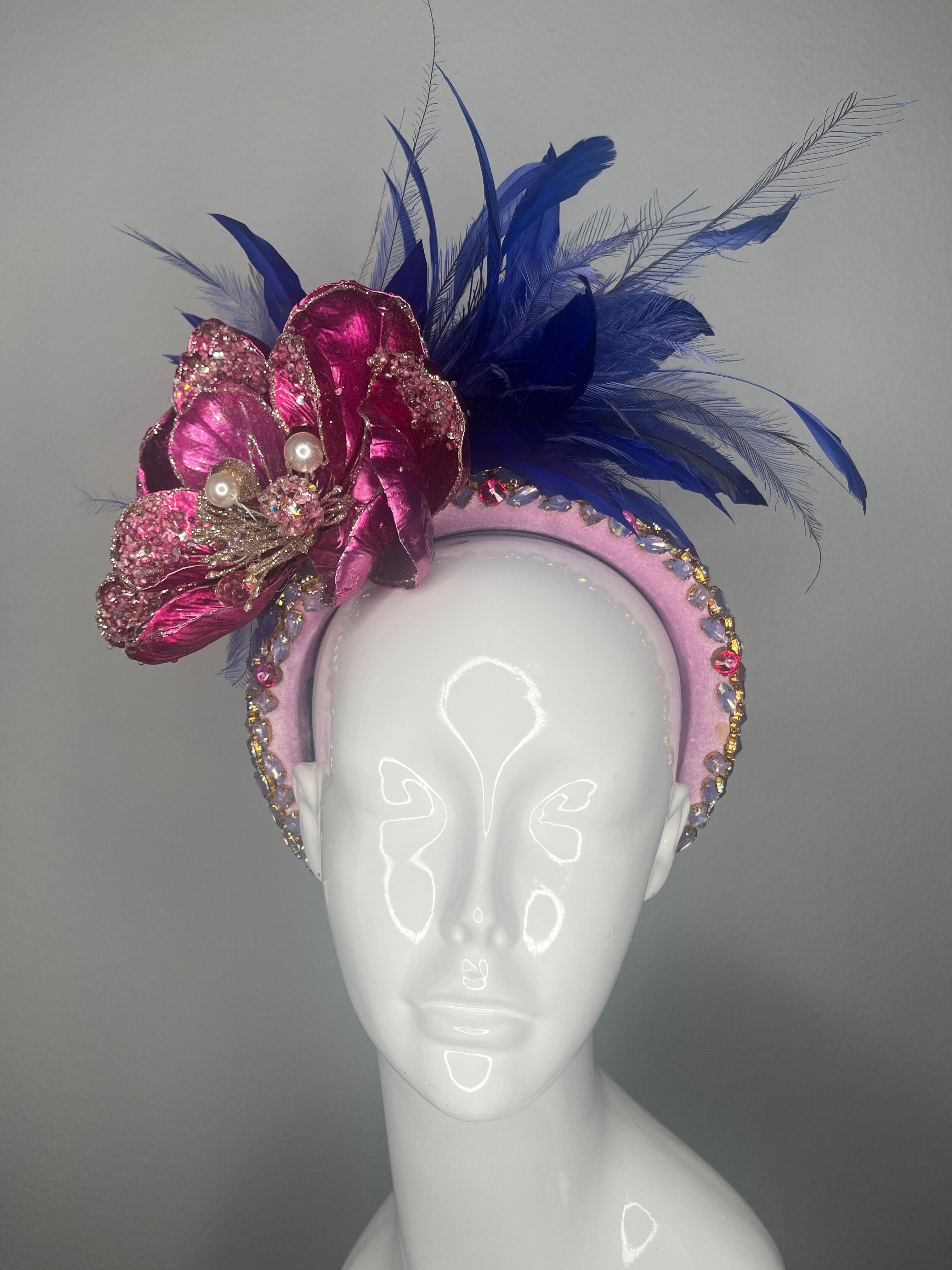 Cobalt & Fuchsia Jewel Derby Fascinator | Verschönertes Stirnband mit Federn & Kristall