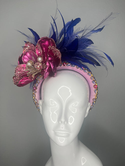 Cobalt & Fuchsia Jewel Derby Fascinator | Verschönertes Stirnband mit Federn & Kristall