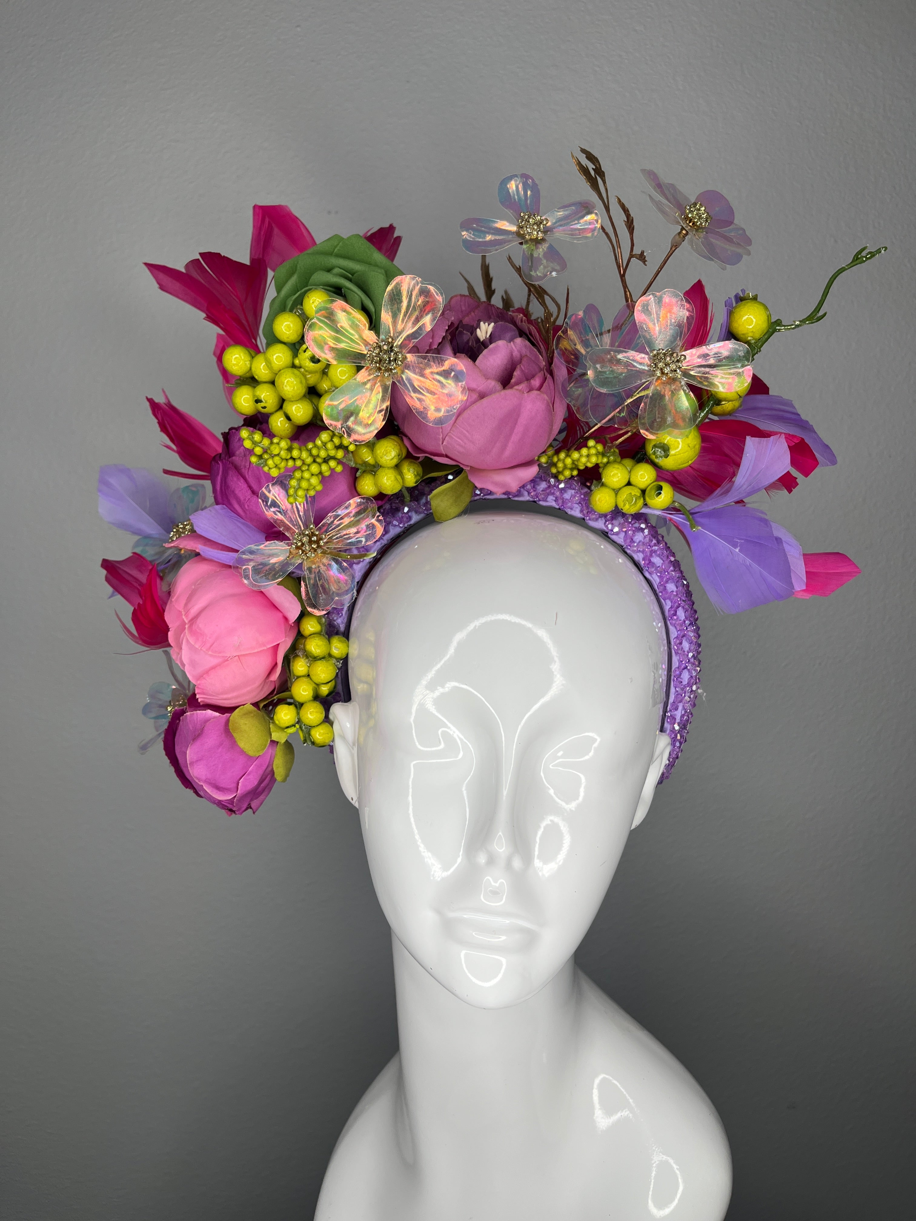 Kentucky Derby Whimsical Garden Bloom Fascinator Rosa, Purple Chartreuse Schillernd Blumen Kopfschmuck