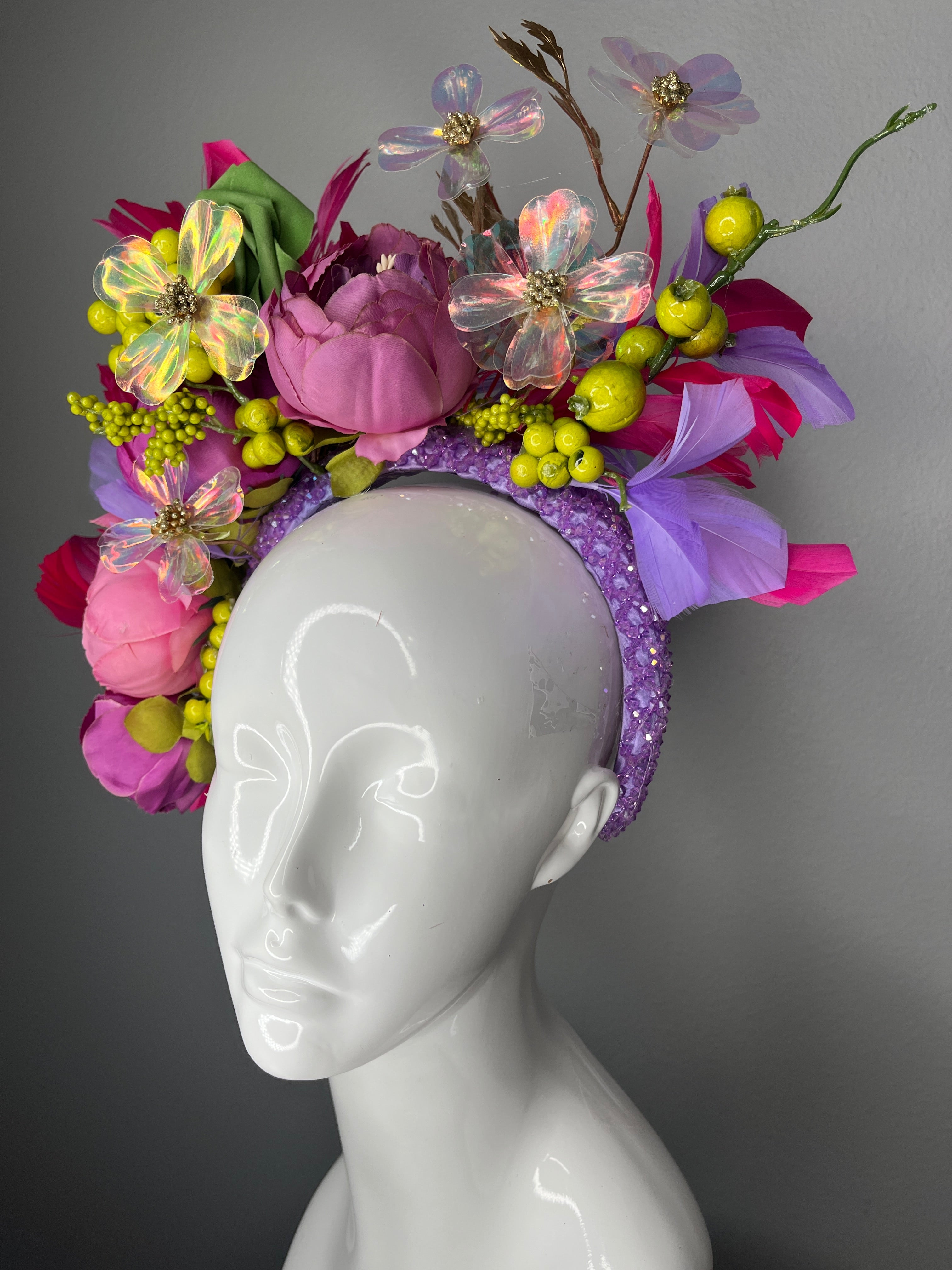 Kentucky Derby Whimsical Garden Bloom Fascinator Rosa, Purple Chartreuse Schillernd Blumen Kopfschmuck