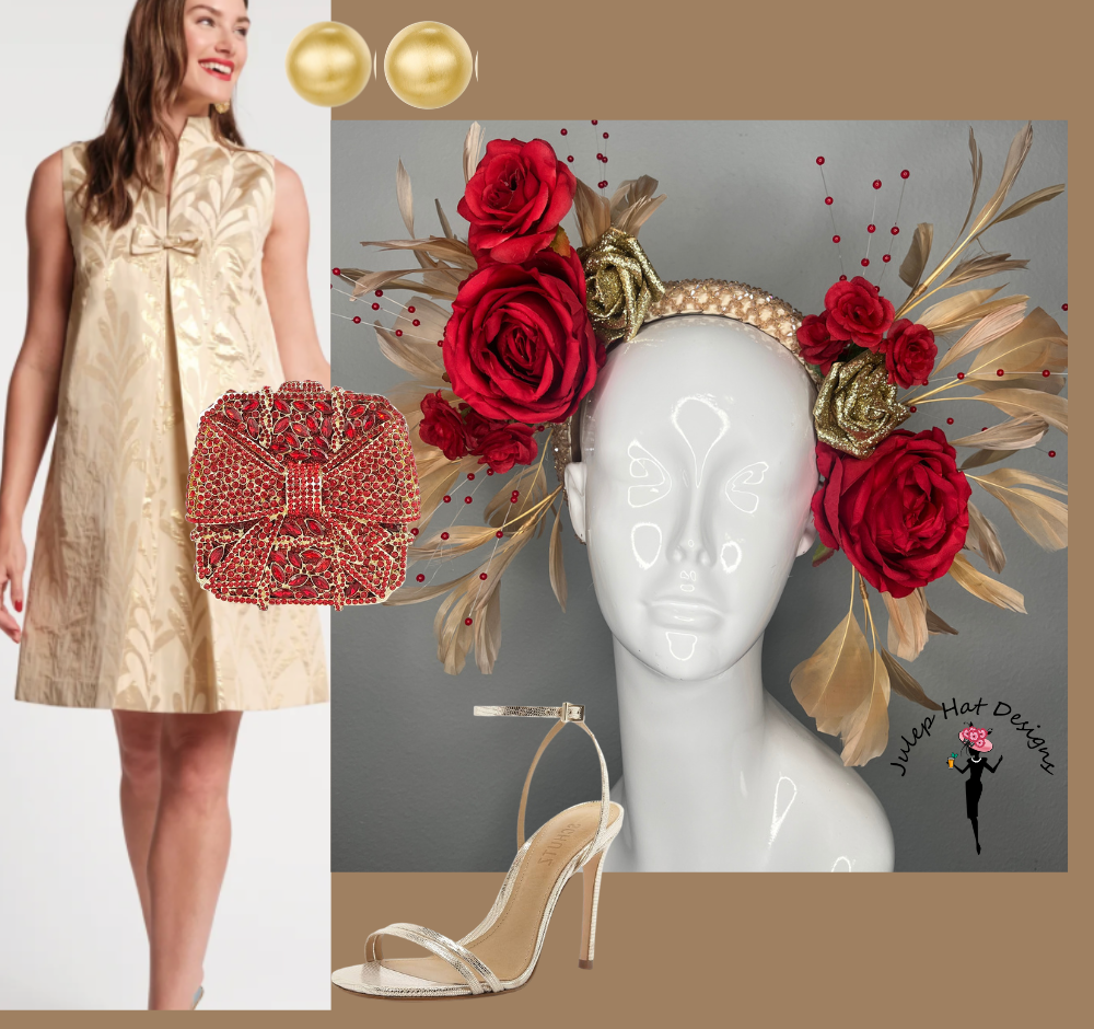 Rot & Gold Rose Derby Fascinator | Dramatischer Kopfschmuck für den Renntag | Kentucky Derby Statement-Krone | Eleganter Blumenhut