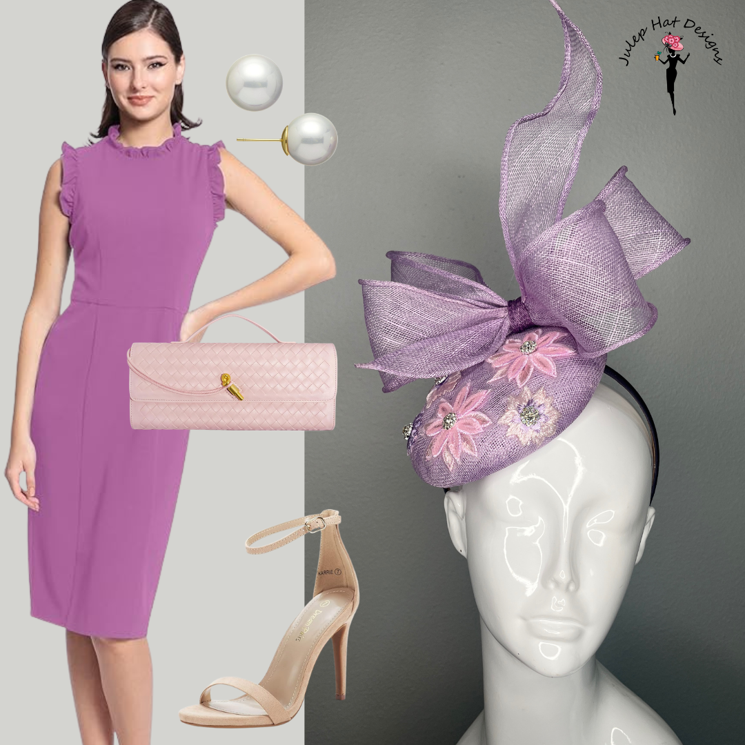 Lila Purple Blossom Bow Fascinator mit Blumenstickerei und Rheinstein Detail