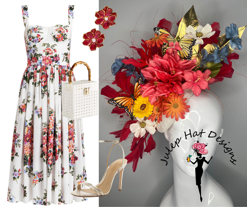 Monarch Garden Statement-Fascinator – Bold Blumen Derby Kopfschmuck mit Schmetterlingen & Goldblatt