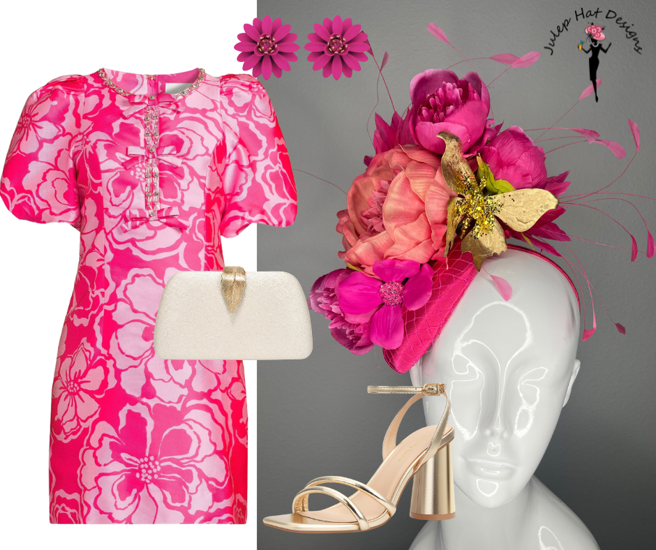 Fuchsia Garden Glam Fascinator – Luxuriös Pfingstrose & Gold Schmetterling Statement-Kopfschmuck