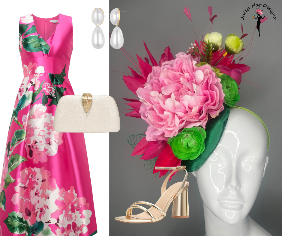 Rosa Blumen Kentucky Derby Fascinator – Grün Base Statement-Kopfschmuck für Derby, Oaks & Race Day
