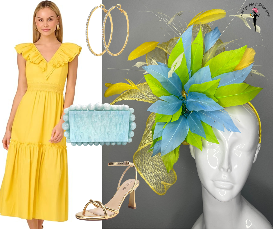 Citrus Breeze Gelb, Grün und Blaue Feder Fascinator Hut