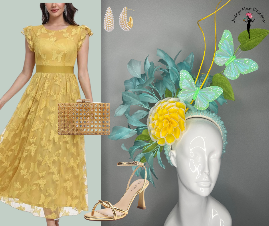 Aqua Garden Schmetterling und Golden Bloom Feder Fascinator Hut