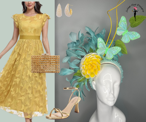 Aqua Garden Schmetterling und Golden Bloom Feder Fascinator Hut