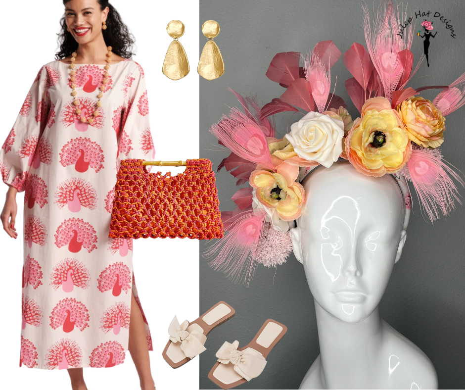 Altrosa Feder und Pfirsich Blumen Fascinator mit Elfenbein-Rose Akzente |Rosa Pfauenblau Federn Elegant Derby & Hochzeit Kopfstück