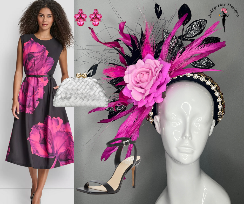 Leuchtrosa & Schwarz Federn Fascinator mit Rose Detail | Couture Kentucky Derby Kopfschmuck | Statement Race Day Haarband