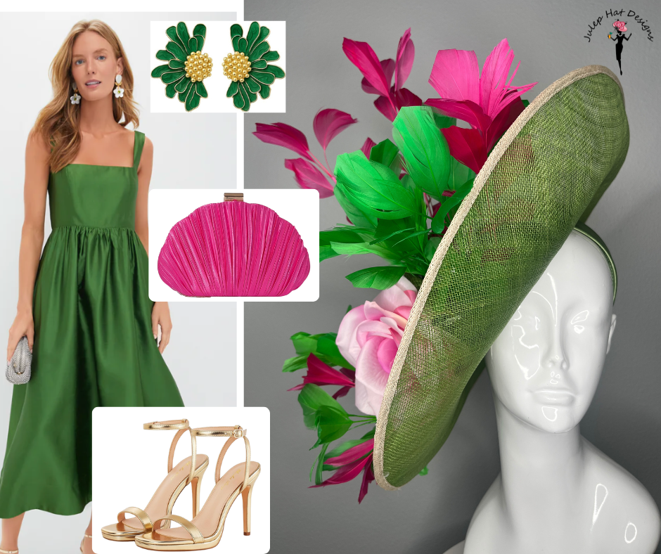 Grün Sinamay Fascinator mit rosafarbenen Blumen & Feder Akzente - Kentucky Derby Statement Hat