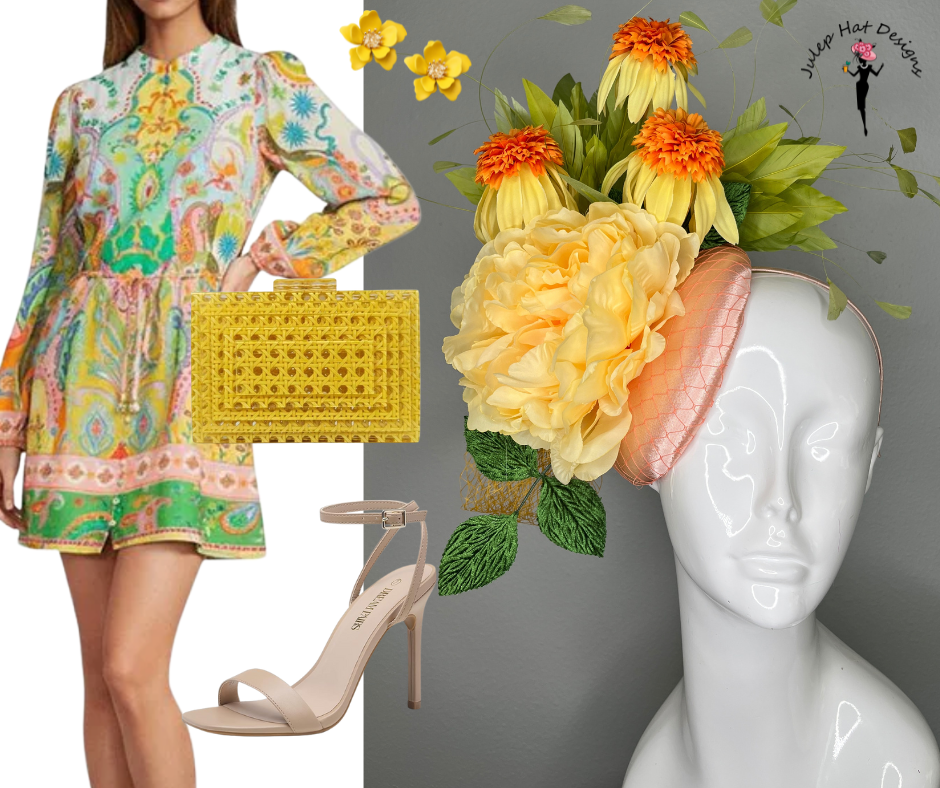 Gelber Blumenfaszinator mit orangefarbenen Blüten - Statement-Kopfschmuck für Kentucky Derby, Oaks-Renntag, Hochzeiten und Rennen