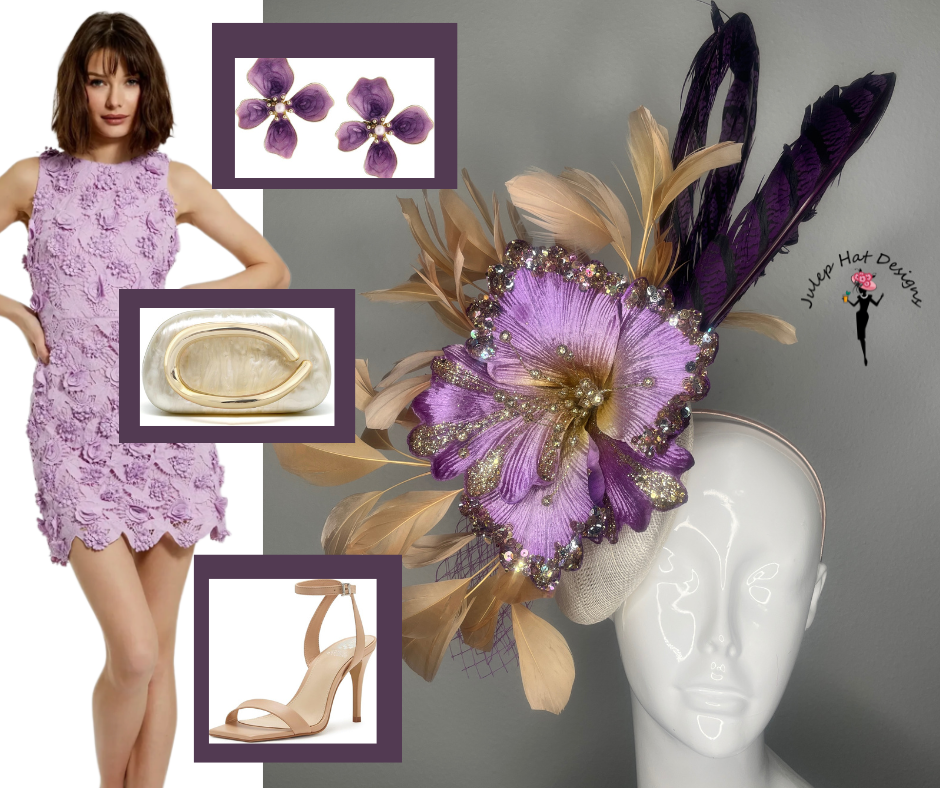 Purple & Gold Statement Faszinator mit Perlenblumen- und Federakzenten - Kentucky Derby Kopfschmuck