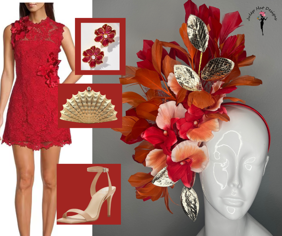 Rote und orange Feder Faszinator mit Gold Blätter und Blüten