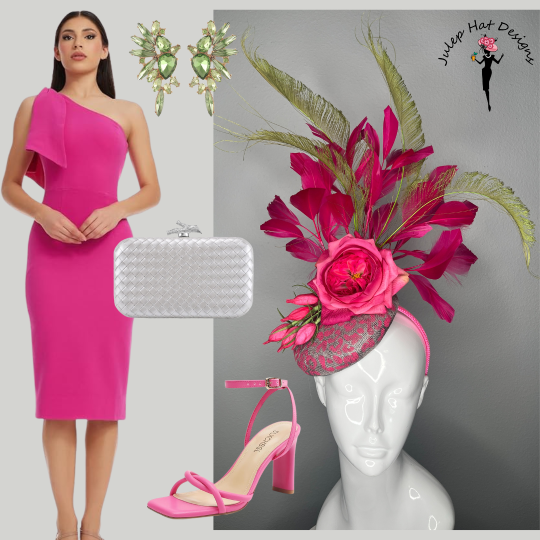 Fuchsia Fantasy Leuchtrosa Rose und Feder Statement-Fascinator