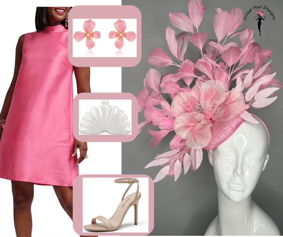 Rosa Kentucky Derby Fascinator mit übergroßem Blumenakzent und Federspray