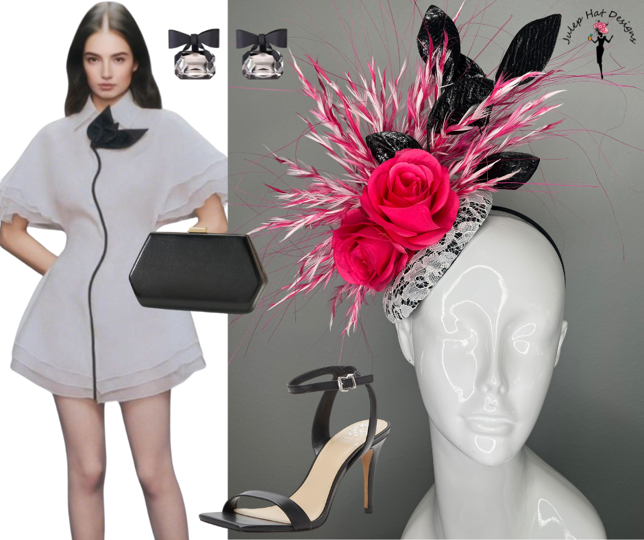 Leuchtrosa Rose und Schwarz Statement-Fascinator mit Feder Detaillierung