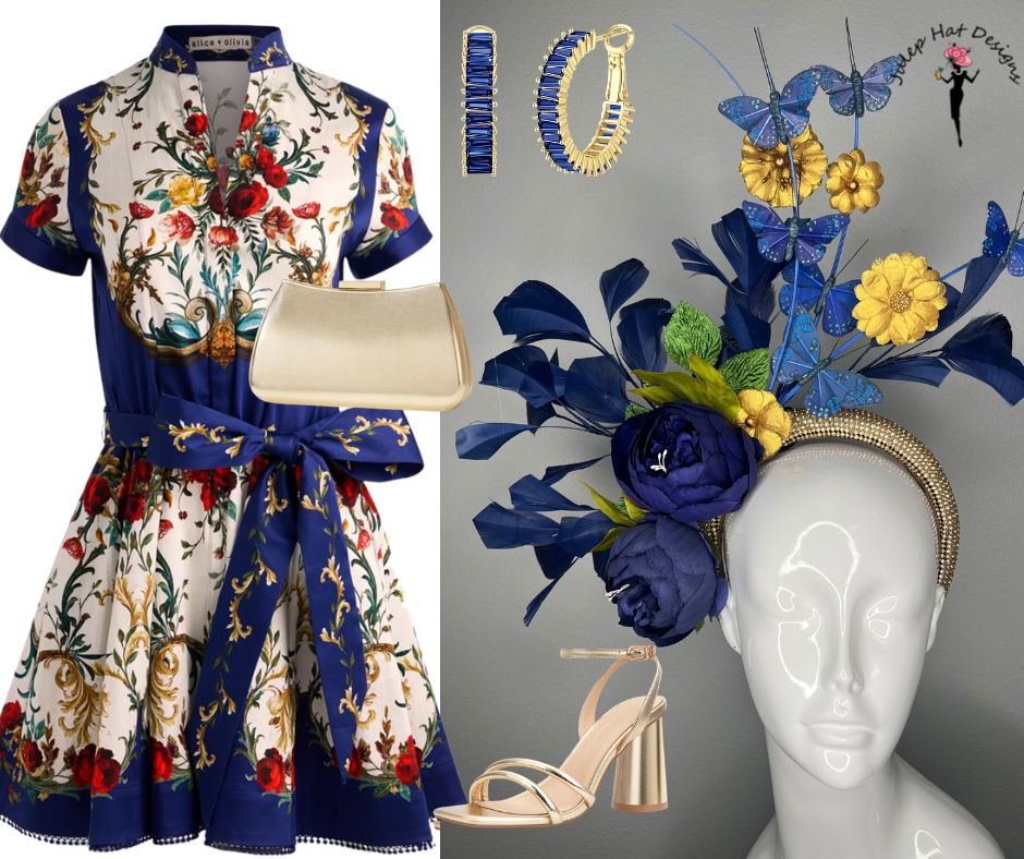 Königsblau & Gold Schmetterling Fascinator-Haarreif | Kentucky Derby Statement-Kopfschmuck | Couture-Blumen Derby-Hut